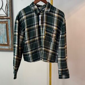 SELFIE Green and Yellow Plaid cropped button up Shirt NWT XL
